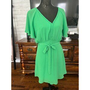Gilli Green Vneck Braided Trim Waist Tie Mini Dress Womens Size M
